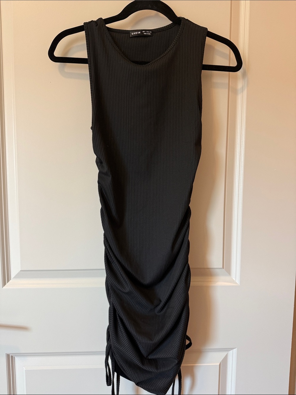 SHEIN Black Ribbed Side-Ruched Mini Tank Dress
